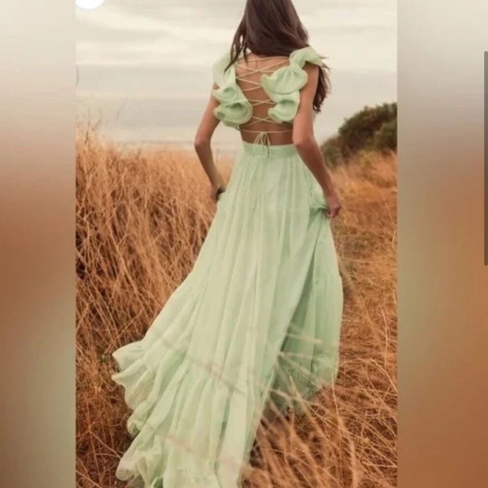 💞 NWT-MAC DUGGAL Mint Green Ruffle Tiered Cut-Out Chiffon Gown 67911 Sz 6 - Picture 4 of 12